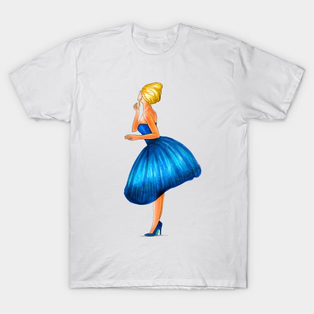 Blonde girl in blue dress T-Shirt by Svetlana Pelin